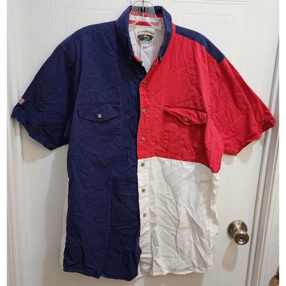 Cumberland Mens Short Sleeve Button Down Shirt American Flag Colorblock USA Sz L